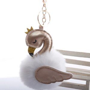Swan glitter faux fur pom bag charm/key chain ring